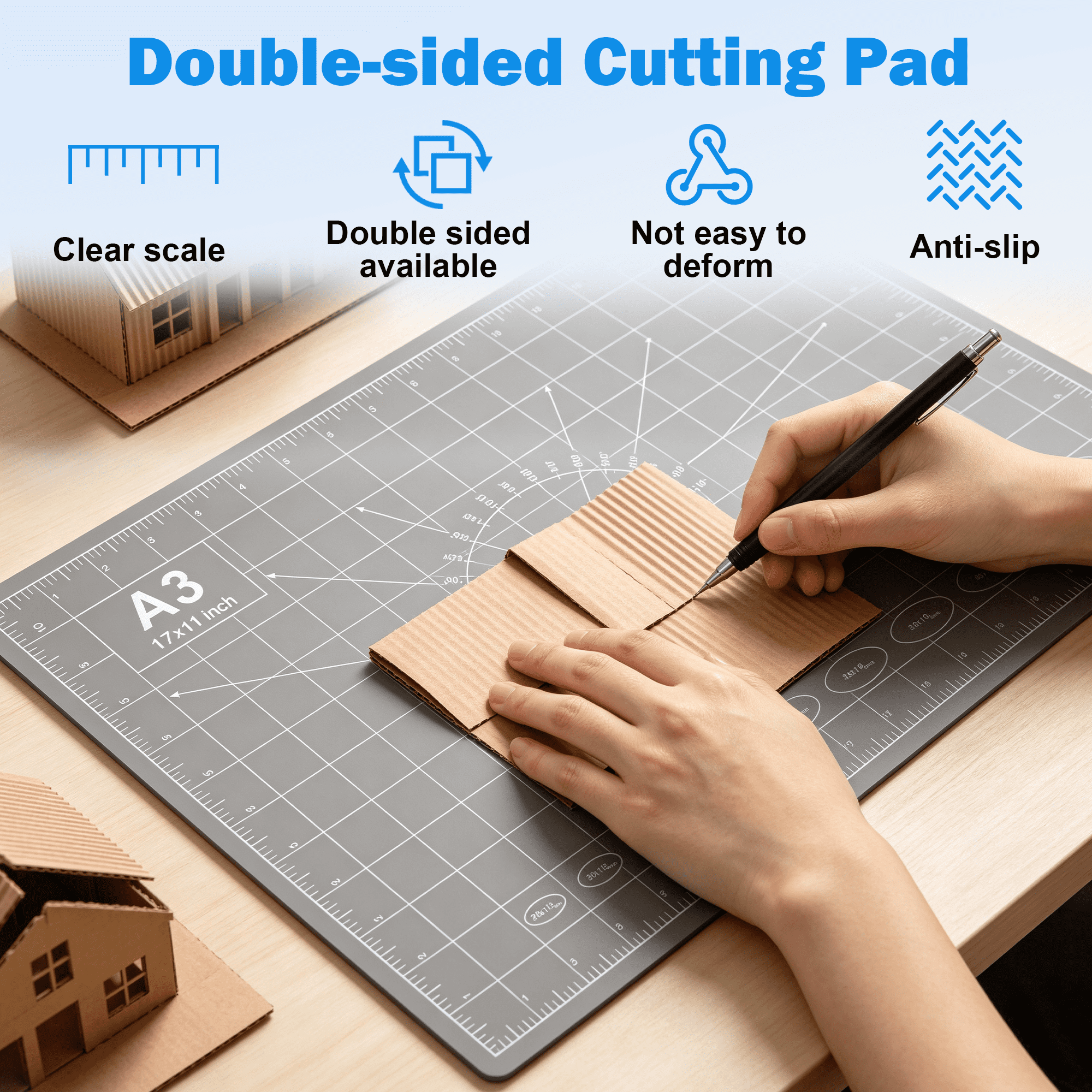 Cutting Mat, 17x11 Inch Self Healing Cutting Mat Pad, Double Sided A3 Size Craft Cutting Pad, Non Slip Art Cutting Mat with Grid Ruler for DIY Craft Sewing