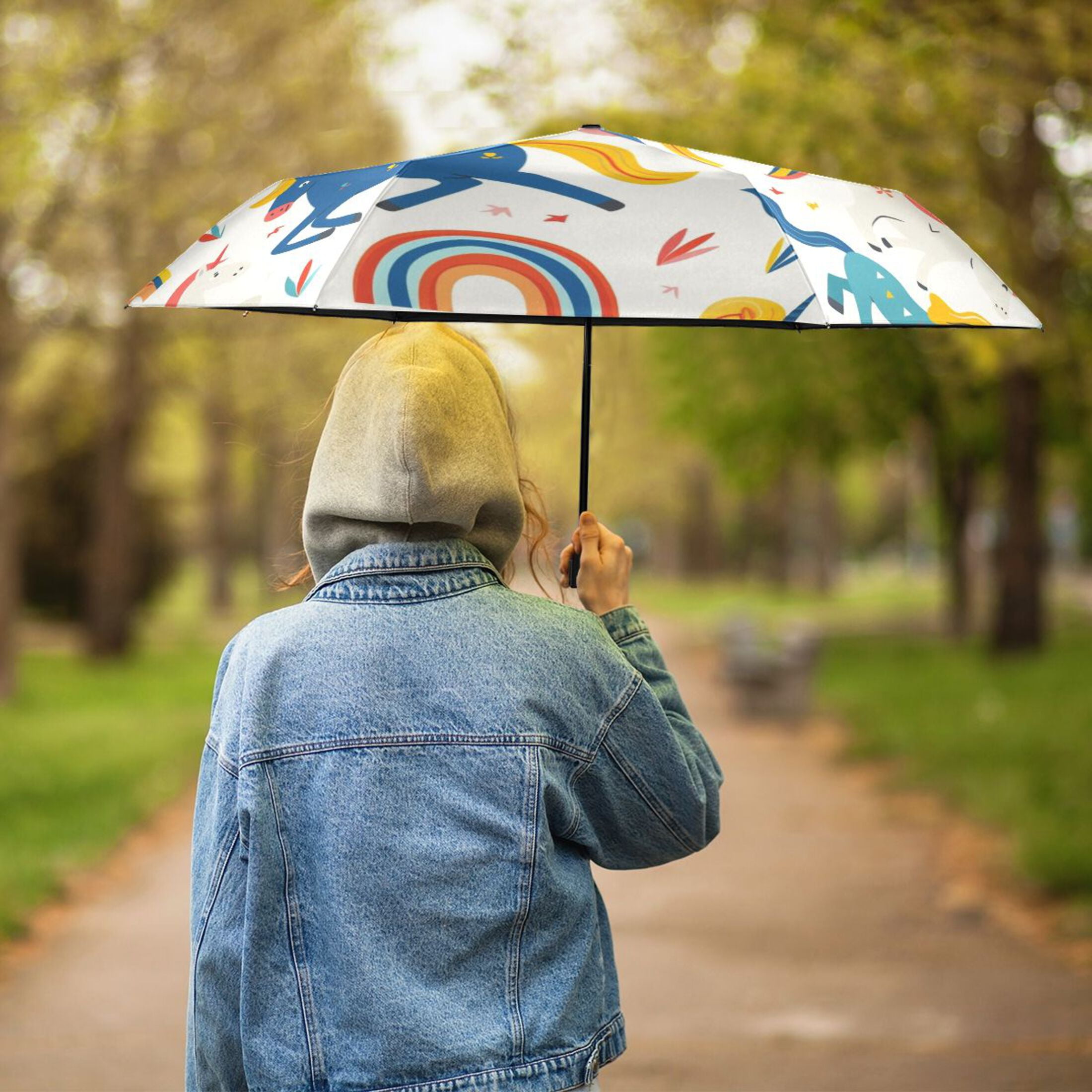 ALAZA Cute Horse Rainbow UPF 50+ Compact Folding Umbrella for Rain Travel Umbrella Packable