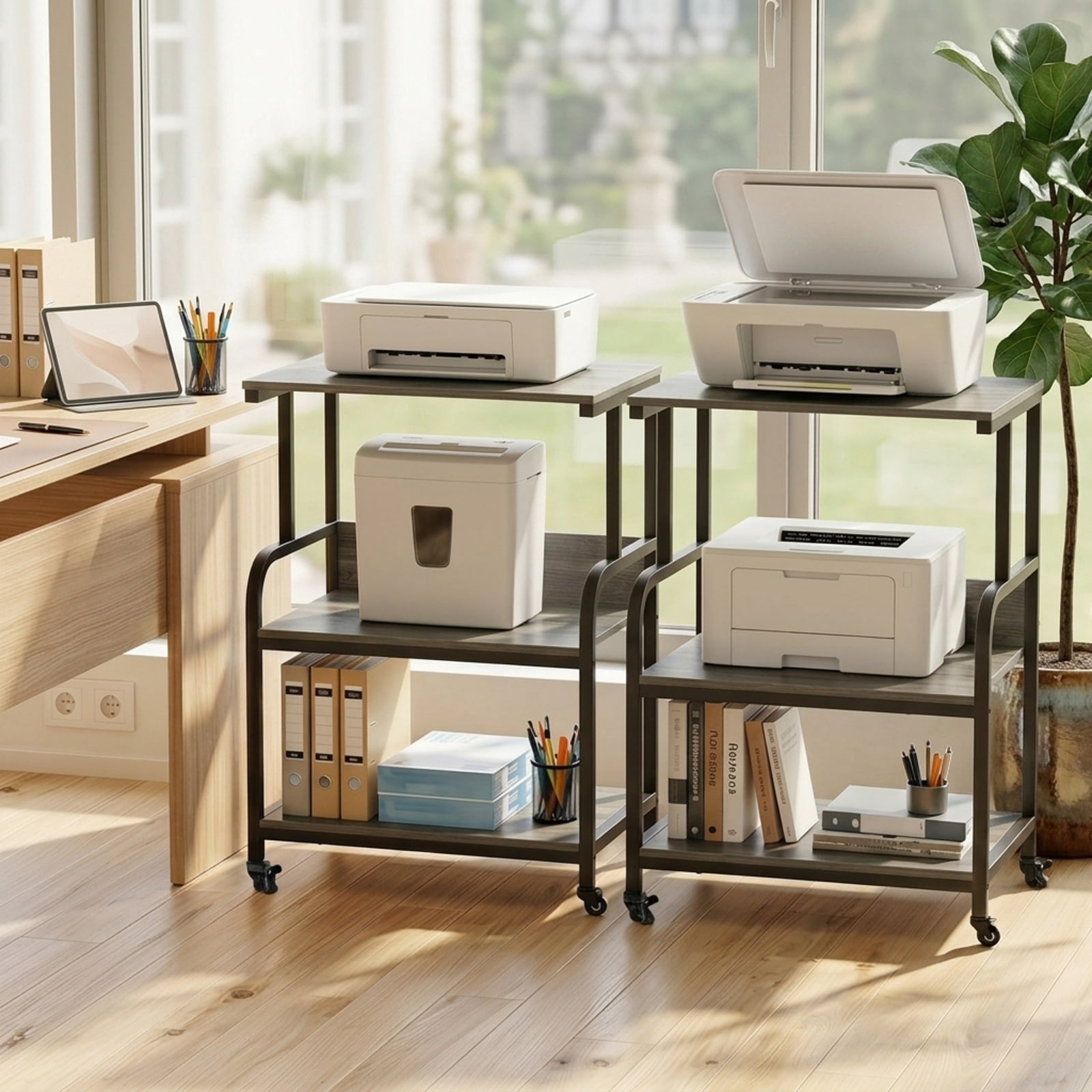 Furnibear 3-Tier Rolling Printer Stand with Adjustable Shelf and Lockable Wheels for Home Office Printer Machine Under Desk Storage, Oak