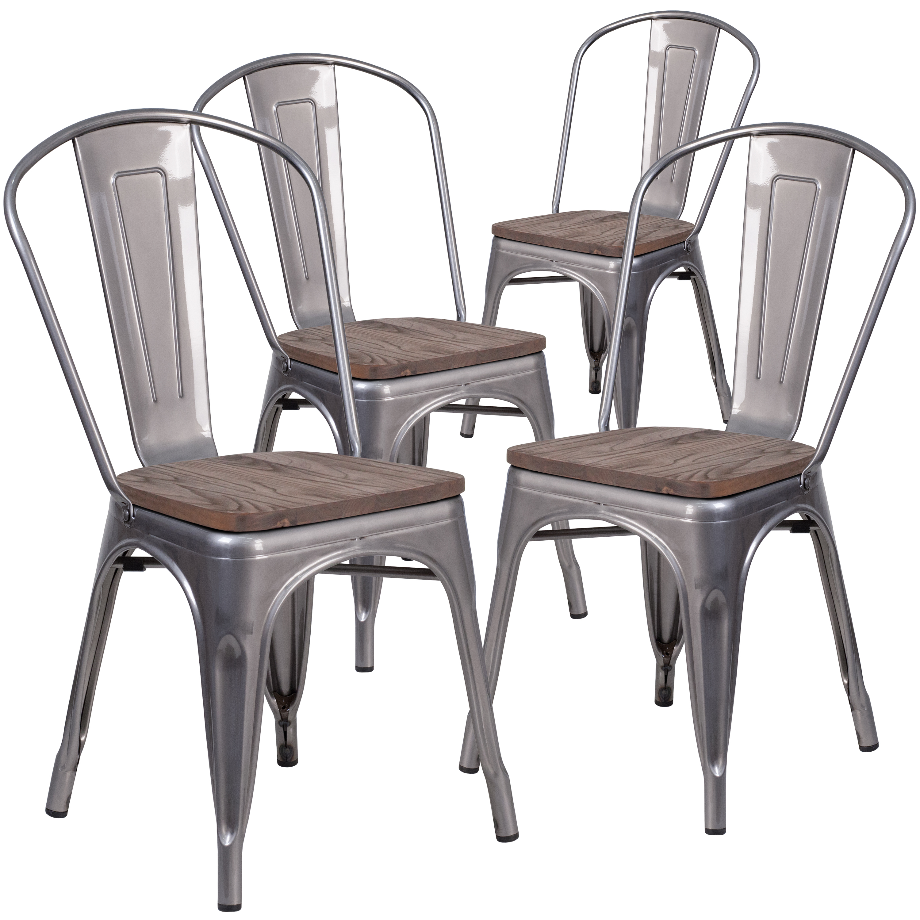 Flash Furniture 4 Pk. Clear Coated Metal Stackable Chair with Wood Seat