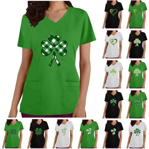 lcziwo Womens St Patricks Day Scrub Tops 2025 Fashion Heart Print Irish Shirts Summer Casual V Neck Short Sleeve Scrubs with Pockets Black L Prime Today