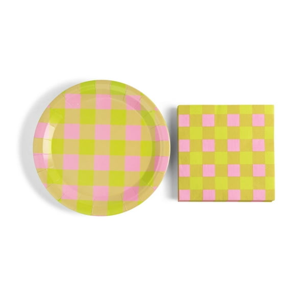 Fabuplates Paper Plate & Napkin Premium AFN148 Count Party Set - Gingham Pink & Green Plaid Heavyweight Disposable Tableware for Birthday, Baby/Bridal Shower - Serves 24 Guests