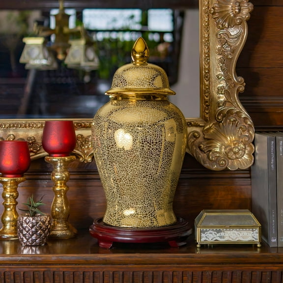 Red Lantern 18" Gold Crackle Temple Jar