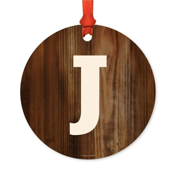 Metal Christmas Ornament, Monogram Letter J, Rustic Wood, Includes Ribbon and Gift Bag