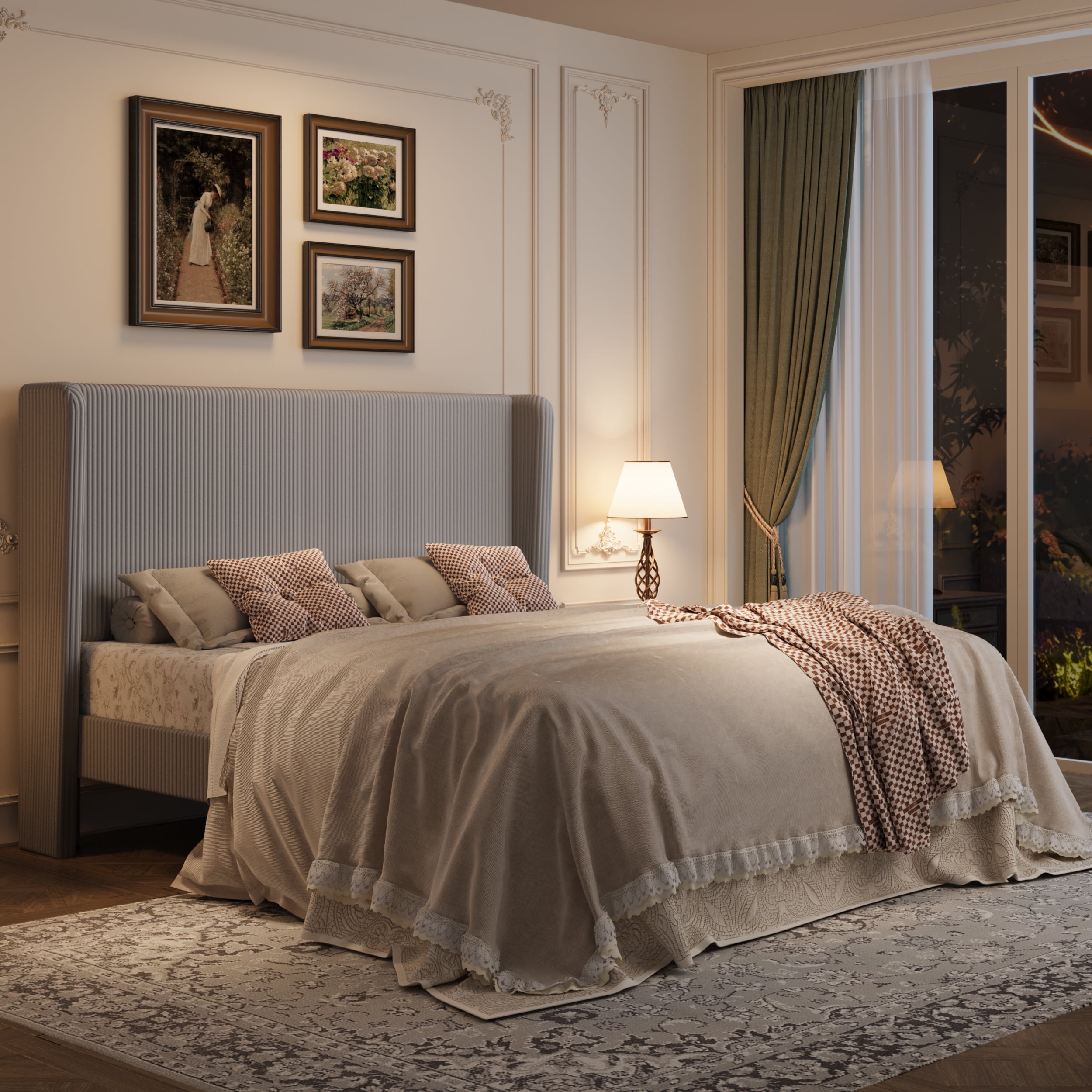 Amolife King Size Platform Bed Frame with Velvet Upholstered Wingback Headboard, Light Gray
