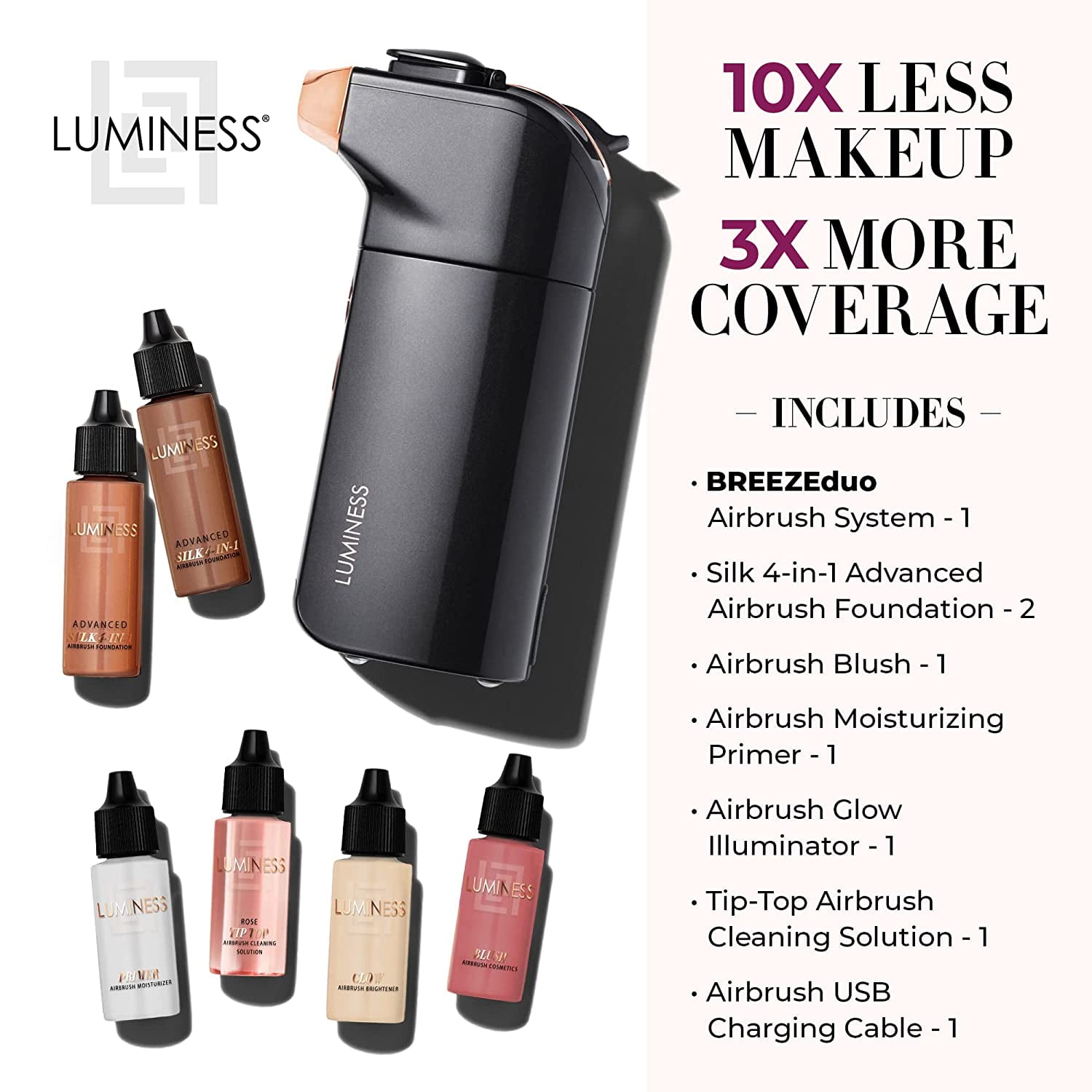 Luminess Breeze Duo Airbrush Makeup System, Deep Coverage – 9-Piece Kit includes 2x Silk Advance Foundation, Airbrush Blush, Love Illuminator, Moisturizer Primer, and Tip Top Cleaning Solution