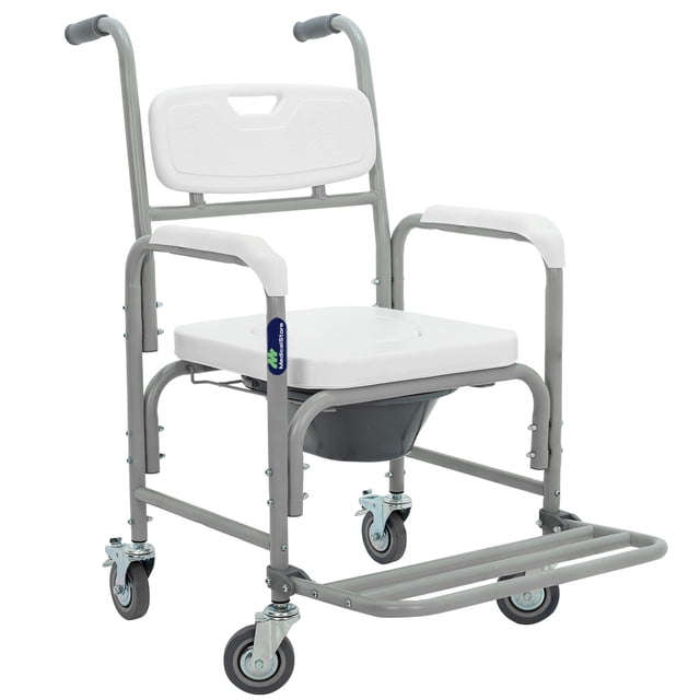 MEDICAL STORE Silla de Lujo Cómodo con Ruedas y Frenos Traseros Asiento Inodoro o Silla Ducha 3 en 1 Baño Portátil Adultos con Llantas y Cubeta Silla Bacinica Adultos.