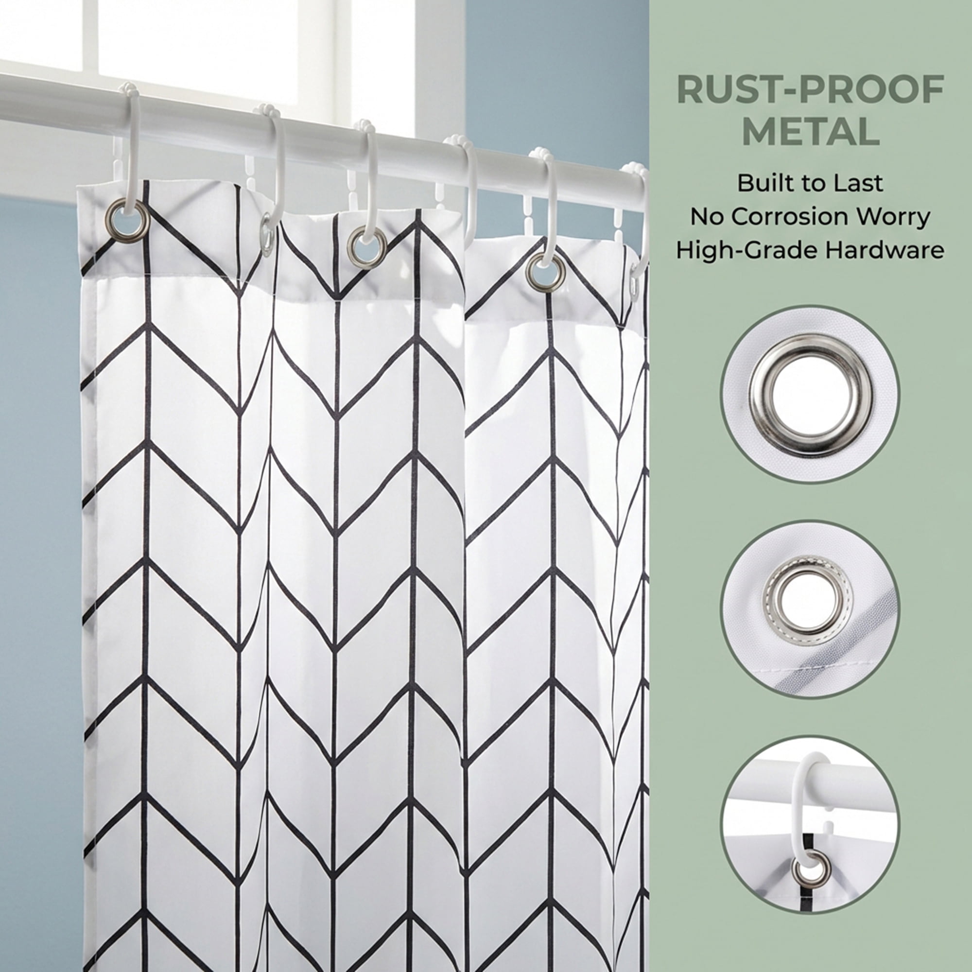 Unique Bargains Waterproof V-Stripe Shower Curtain Sets with 12 Hooks White 71"W x 71"L