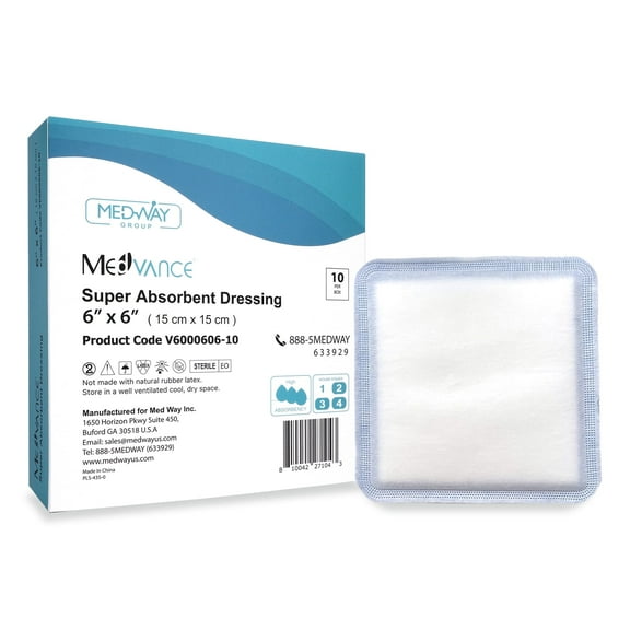 MedVance Super Absorbent Dressing, Non-Adhesive Pads for Wound Care, for Pressure Ulcers & 1st/2nd Degree Burns, Superior Moisture Absorption, Box of 10 dressings 6"x6" Bandage, 5"x5" Pad