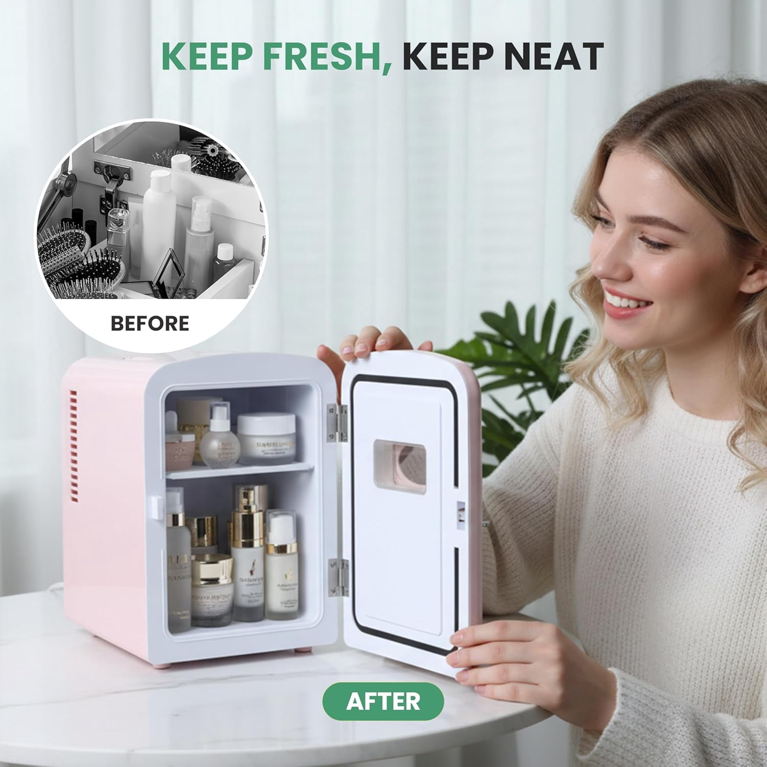 Simple Deluxe Mini Fridge with Observation Window, 6L/9 Can, Portable Warmer & Cooler, Personal Refrigerator, AC/DC, Pink New