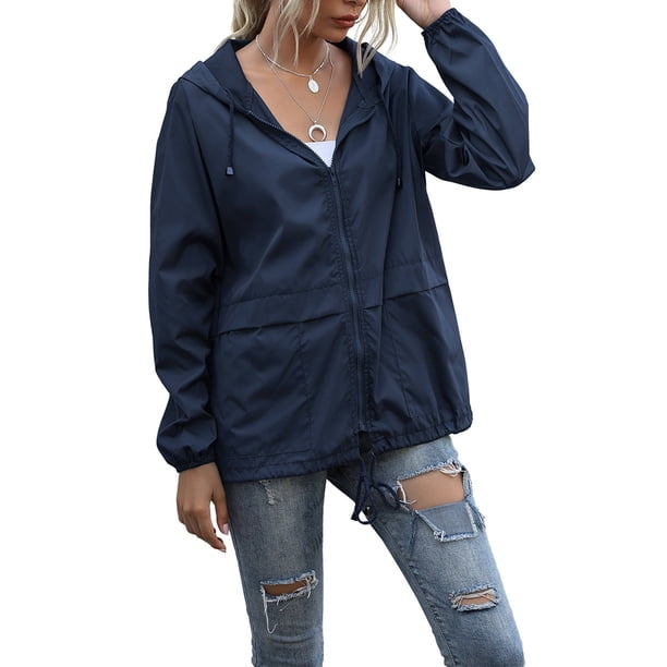 Qarigey Chubasquero ligero para mujer, impermeable, con capucha, cortavientos para exteriores, plegable, para senderismo, Camping, trajes para mujer Prendas para la parte del cuerpo Azul oscuro XXL