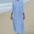 thumbnail image 6 of Women's Cotton Linen Dress Long Sleeve Crew Neck Smocked A Line Boho Flowy Maxi Dresses with Pockets Plus Size Blue S, 6 of 7