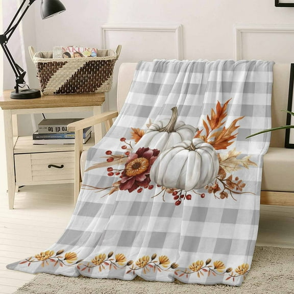 Thanksgiving White Pumpkin Throw Flannel Blanket 40x50In Fall Leaves Harvest Plaid Texture Super Soft Cozy Bed Blanket, Lightweight Plush Fuzzy Bed Throw for Bedroom Sofa Couch Living Room
