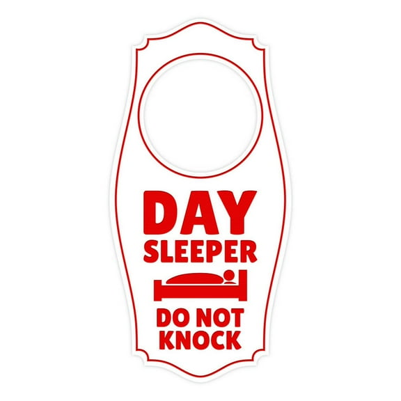 Day Sleeper Do Not Knock Door Hanger | House or Business Door Sign - White Red, 4" x 8"