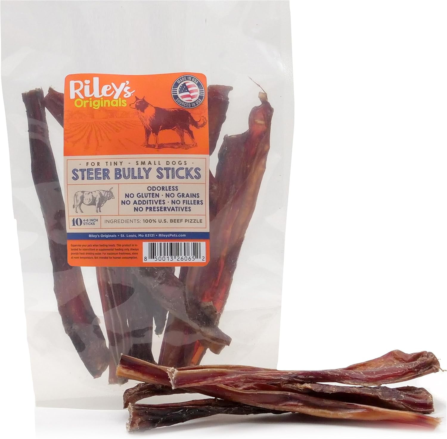 Riley's Steer Bully Sticks for Tiny to Small Dogs - Odor Free Bully Sticks for Small Dogs - Single Ingredient Dog Treat - Gluten-Free, 100% Beef Pizzle Sticks for Dogs - 4-6", 10ct