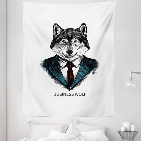 Wolf Tapestry, Business Animal in Suit with Jacket Shirt and Tie Sketch Style Hipster Print, Fabric Wall Hanging Decor for Bedroom Living Room Dorm, 5 Sizes, Teal Vermilion Black, by Ambesonne