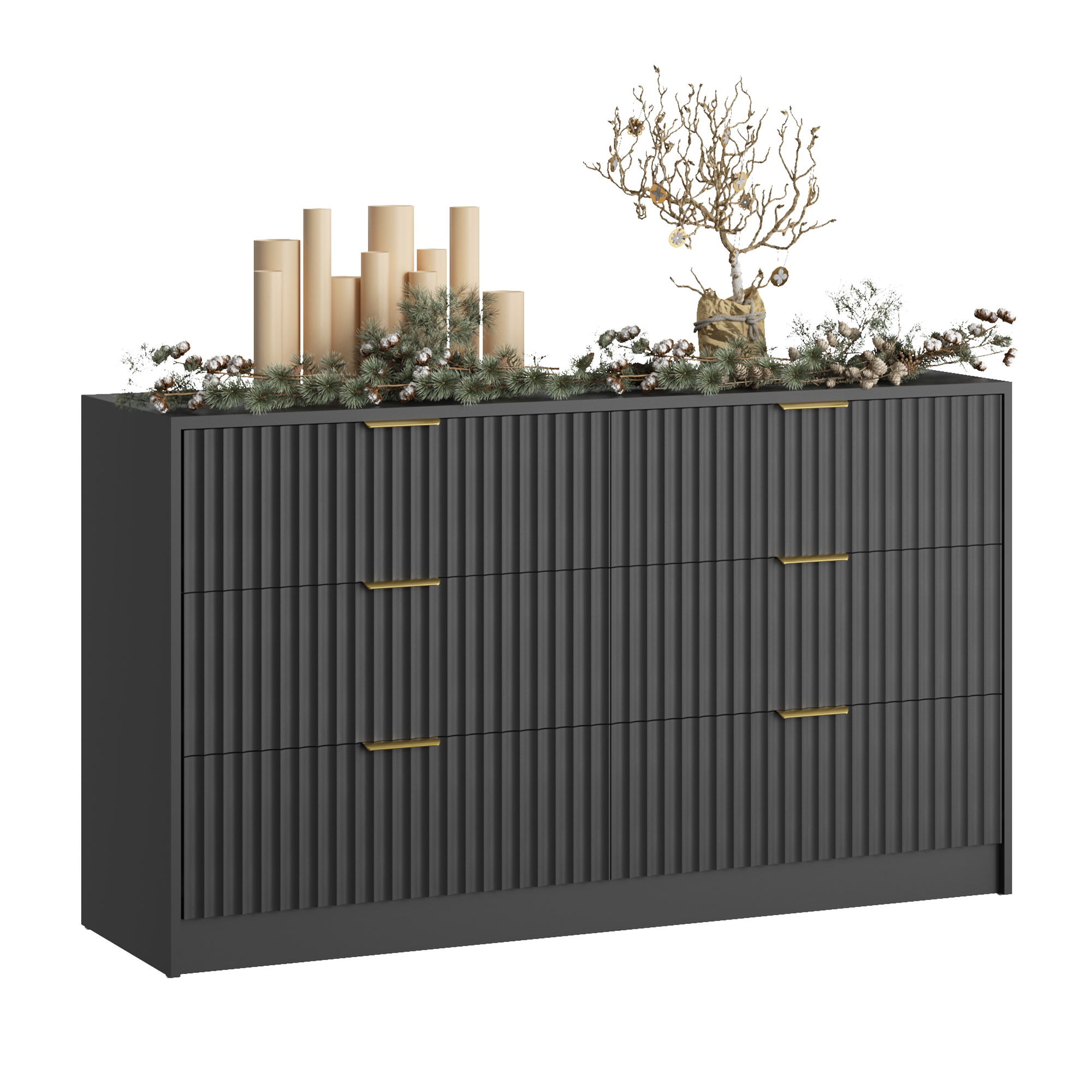 YouTrend 6 Drawer Dresser for Bedroom,55.1"Width Fluted Wood Chest of Drawer with Golden Embedded Handles for Living Room,Black