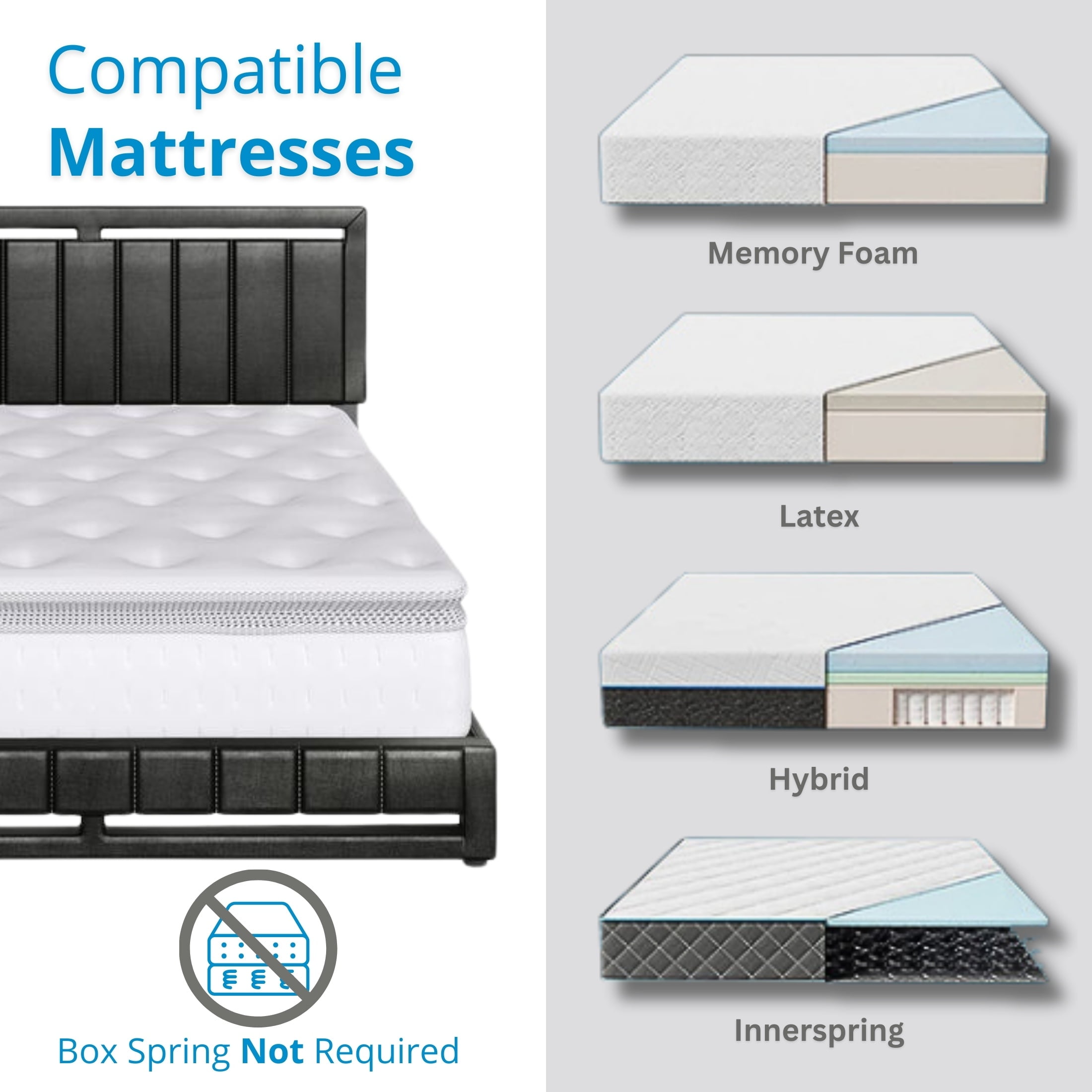 Boyd Sleep Beaumont Black Faux Leather Full Size Fully Upholstered Platform Bed Frame with Adjustable Headboard
