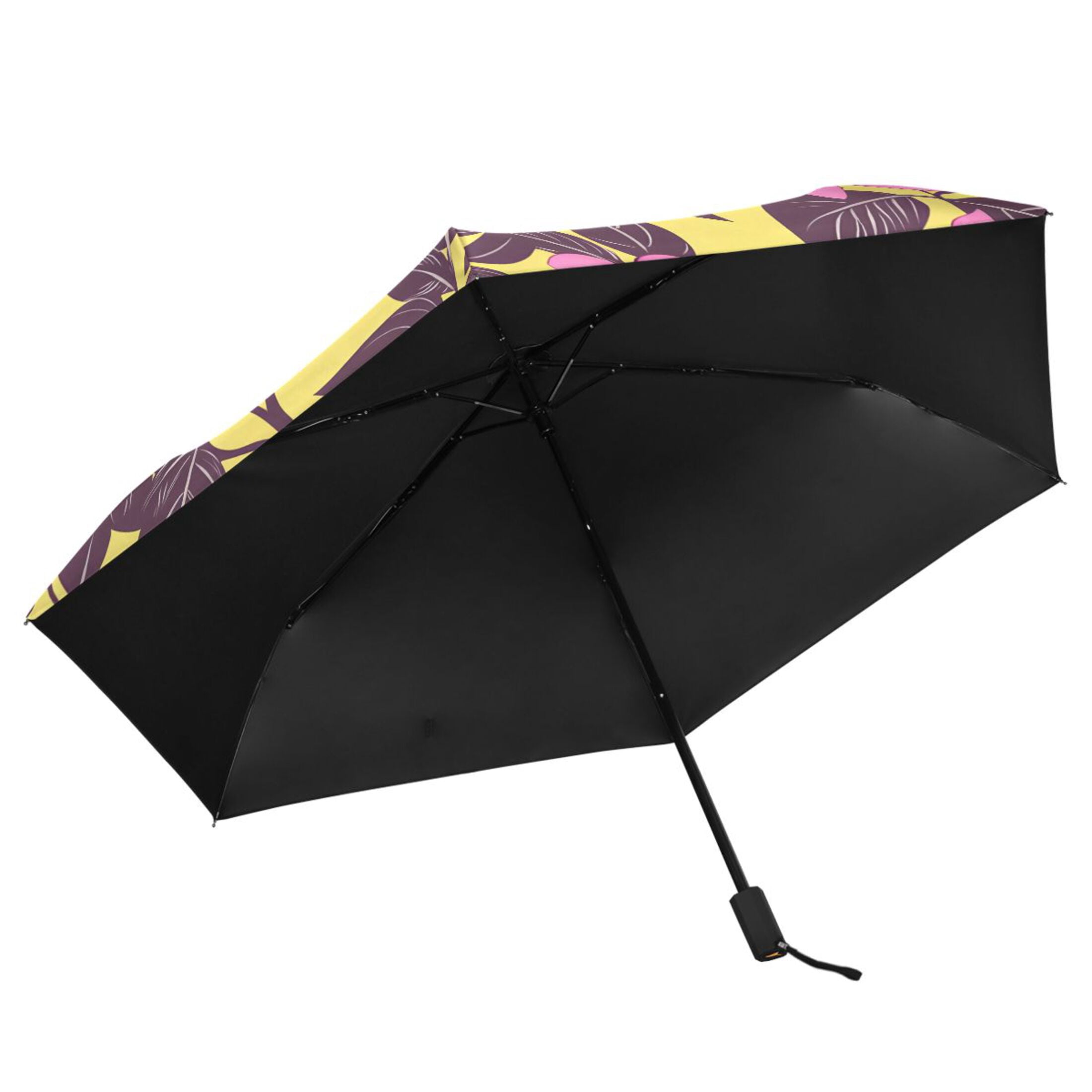Magenta Flower and Purple Leaves Compact Sun Umbrella Windproof Travel Umbrellas for Rain Strong Portable UV Protection
