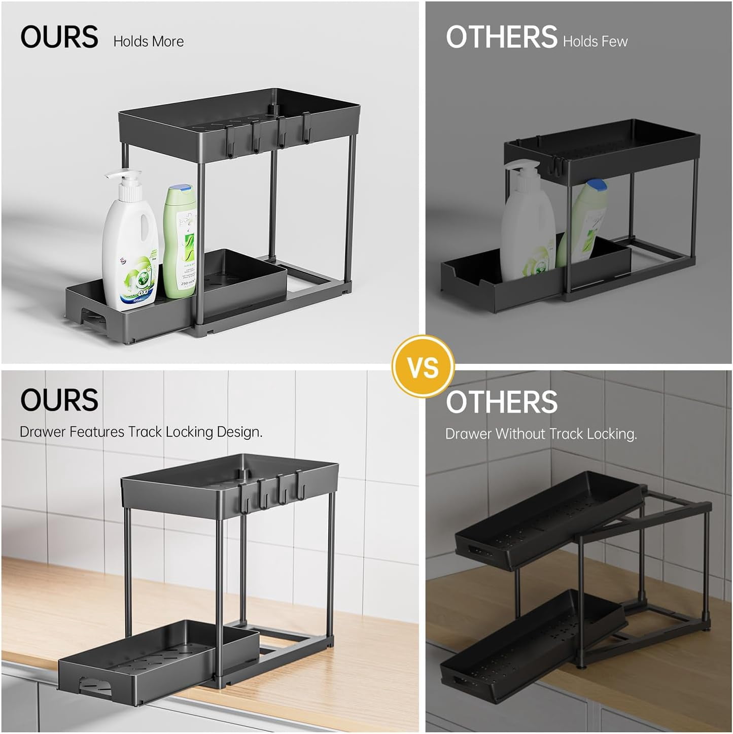 Delamu 2 Pack Under Sink Pull-Out Storage Tier with Hooks, Black, Bathroom, Kitchen Cabinet