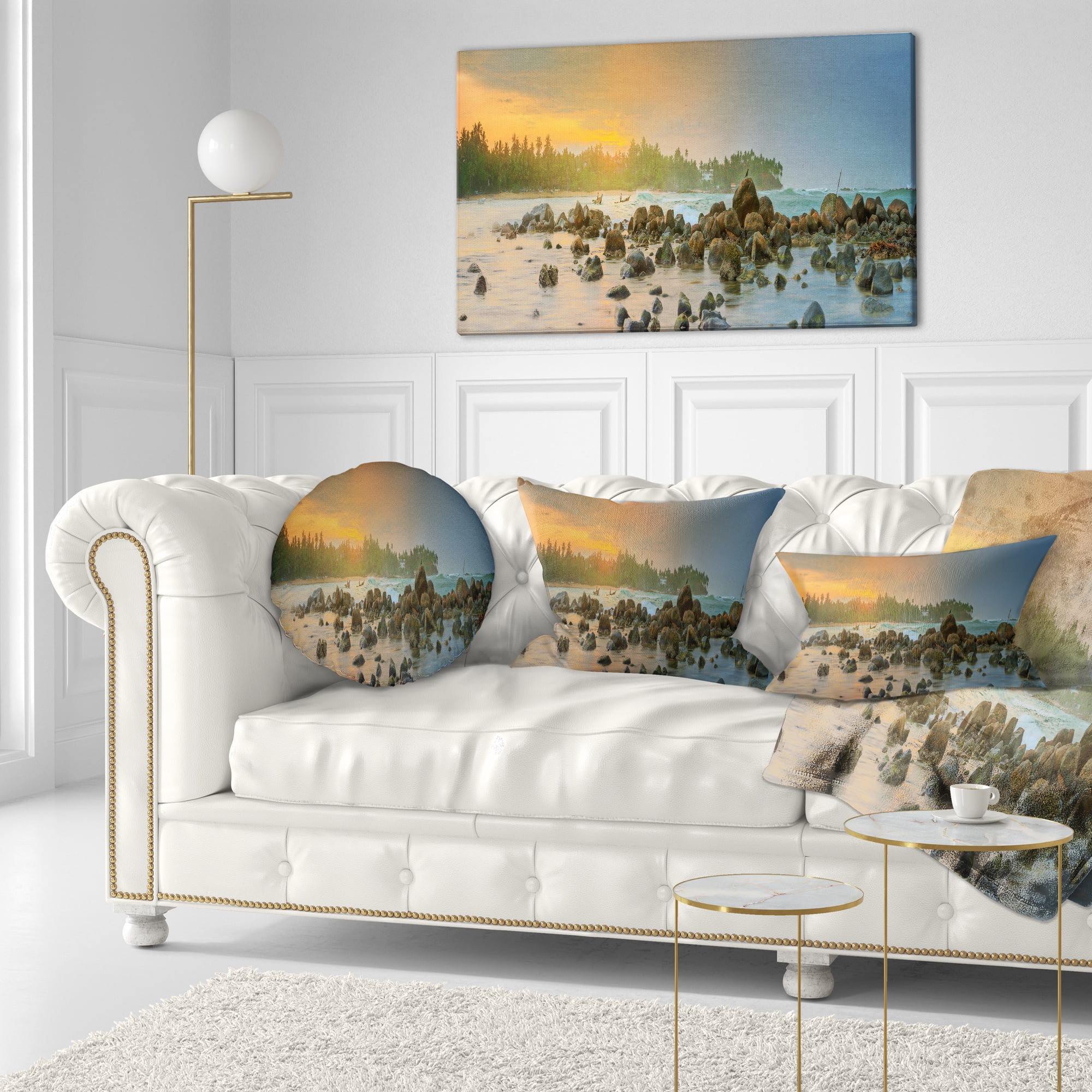 Designart Romantic Untouched Beach Sunset - Landscape Printed Throw Pillow - 12x20