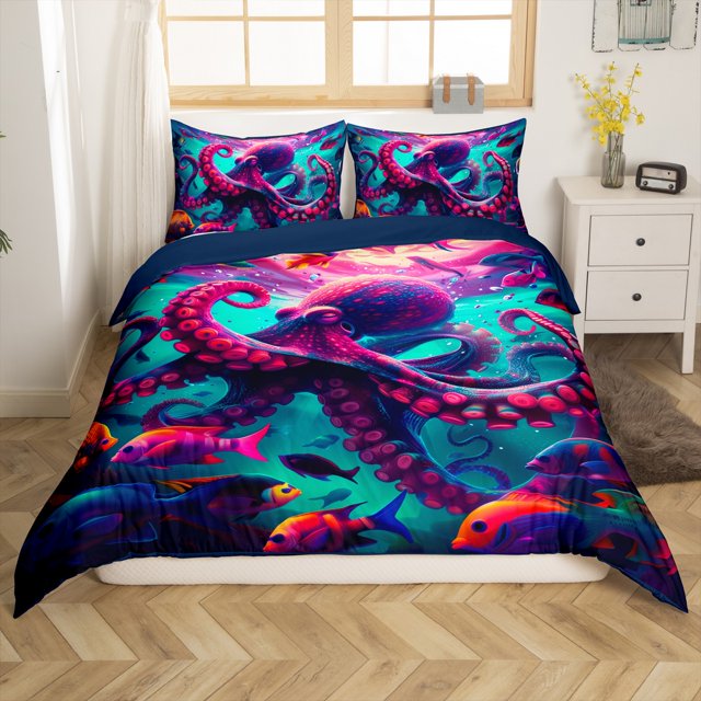 Erosebridal Housse de Couette Animal Pieuvre Jumeau, Literie Thème Mer Taille Jumeau, Décor Océan, Réversible, Légère, 2 Pcs (Sans Couette)
