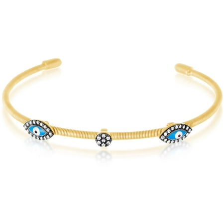 14kt Gold over Sterling Silver Two-Tone Cubic Zirconia and Enamel Evil Eye Bangle