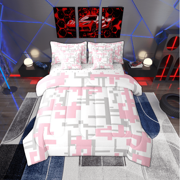 Manfei Pixel Geometric 7-Piece Twin Bedding Sets,Modern Abstract Geometric Bedding Comforter Set,Pink Gray White Sheet Sets For Girls,Breathable Home Decor Reversible