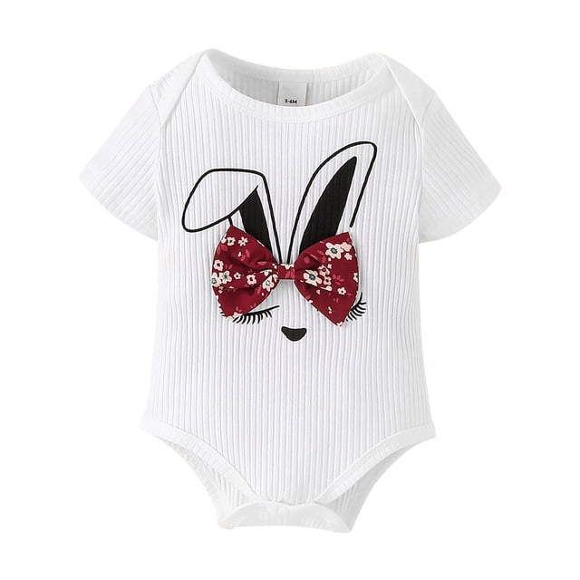 Gibobby Mameluco niña de manga corta para niños pequeños y niñas con estampado de dibujos animados, monos de verano con pajarita(Beige, 18-24 Meses)