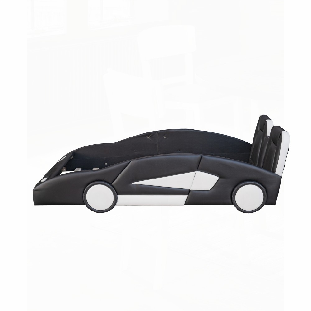 Race Car-Shaped Twin Size Platform Bed in Black Equipped with Wheels and Solid Construction