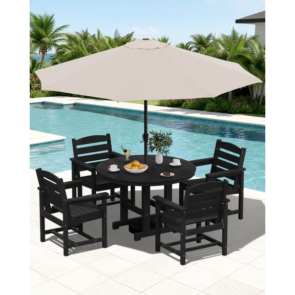 SERWALL 6-Pc Dining Set, 45" Table, 4 Chairs&9FT Umbrella, Black (No Base)