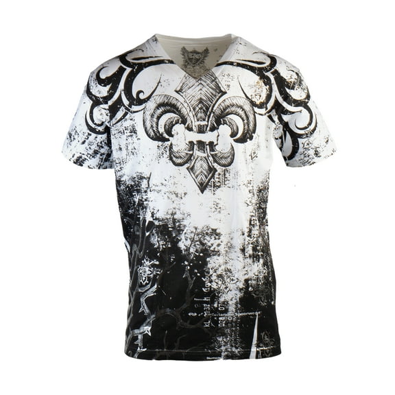 Fleur de Lis Tree Branches Metallic Silver V-Neck T-Shirt White, Large