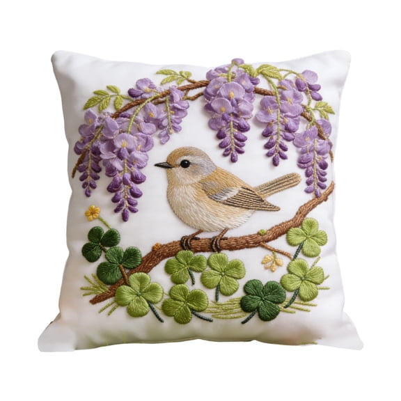 18Inch Faux Embroidered Bird and Wisteria Easter Pillow Cover with Spring Floral Design, Decorative Throw Cushion for Sofa or Bedroom