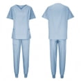 thumbnail image 2 of Muscularfit Pullover Summer Matching Set Scrubs Comfy Pleated Work Sets Set Short Sleeve Blue Shirt V-Neck Women Outfits Sets, 2 of 5