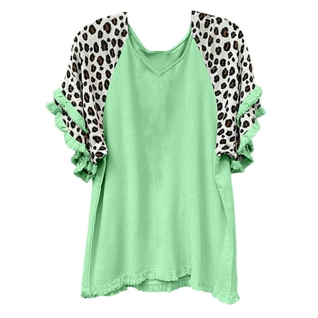 

Long Sleeve Shirts for Women Womens Long Sleeve Tops Women Classic Summer Leopard Print Short Sleeve Loose Fit Tunic Tops Flowy Blouses Shirt Workout Tops Workout Tank Tops for Women Green 2XL