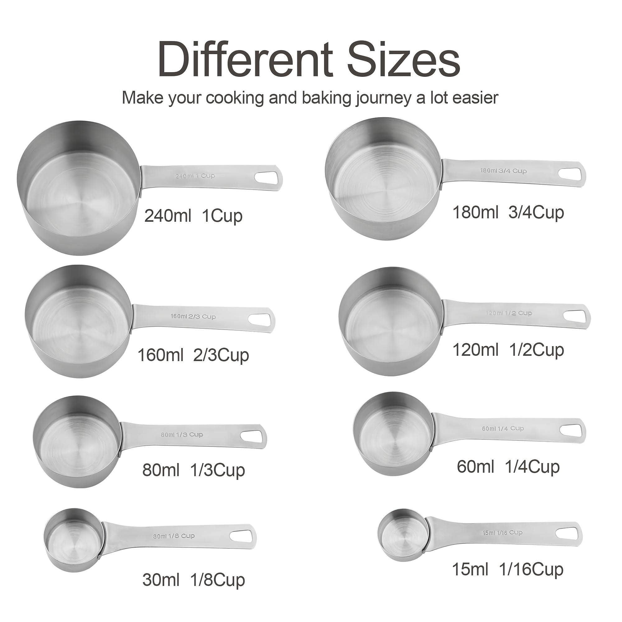 Measuring Cup Set Of 8  18/8 Stainless Steel Cups For Kitchen & Baking Heavy Duty Metric Measure With 2/3 3/4 Meaure