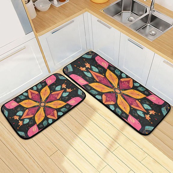 Kitchen Rugs and Mats【2 PCS】Non Skid Colorfull Botany Pattern Creative Kitchen Mat