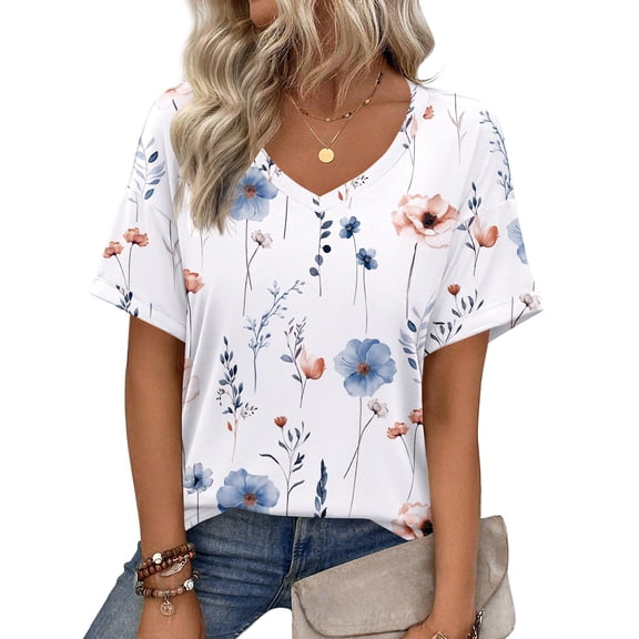 Zeagoo Womens Summer Top Casual V Neck Short Sleeve Floral Tee Shirts Ladies Tunic Tops for Legging