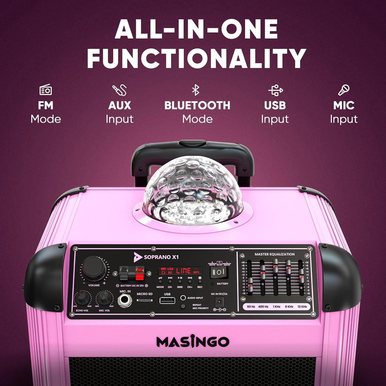 MASINGO Karaoke Machine for Adults & Kids with 2 UHF Wireless Microphones - Portable Singing PA Speaker System w/Two Bluetooth Mics, Party Lights, Lyrics Display Holder & TV Cable - Soprano X1 Pink