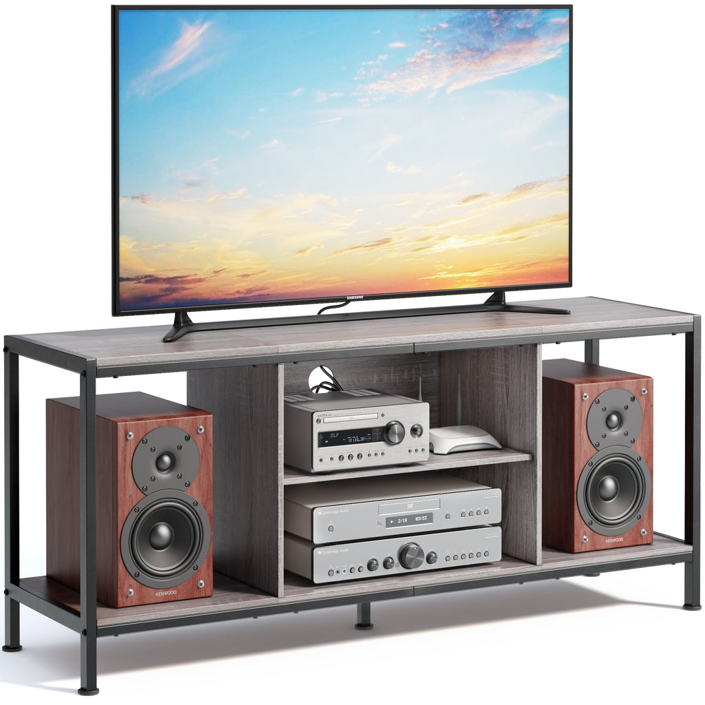 Aiho Mid-Century Wooden TV Stand for TVs up to 65" with Open Storage Shelves and Metal Frame - Gray