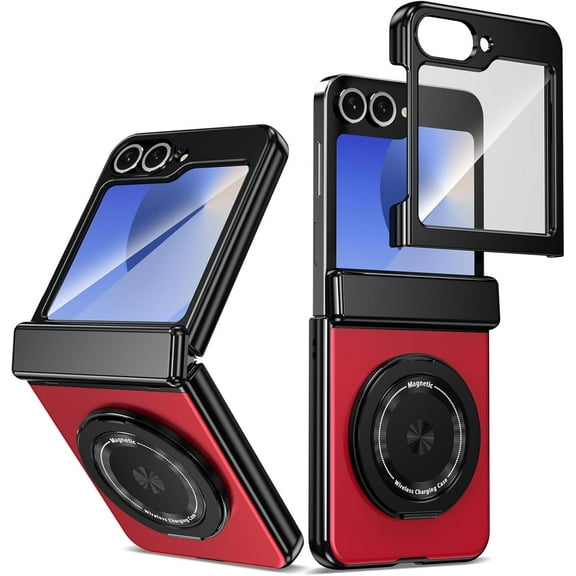 Magnetic for Samsung Galaxy Z Flip 6 Case with Ring Holder, [Hinge Protection] Built in Screen Protector & Camera Protection Slim Thin Hard PC Kickstand Shockproof Protective Case, Red