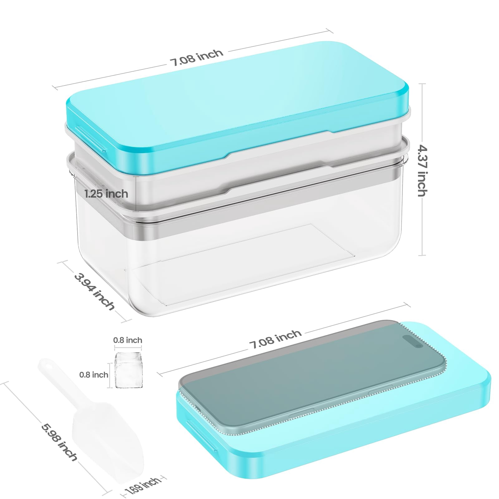 Ice cube tray with lid and bin, 56 pcs ice trays for freezer, 2 tier stackable ice cube maker, BPA free grade PP, airtight seal, easy release push type, blue