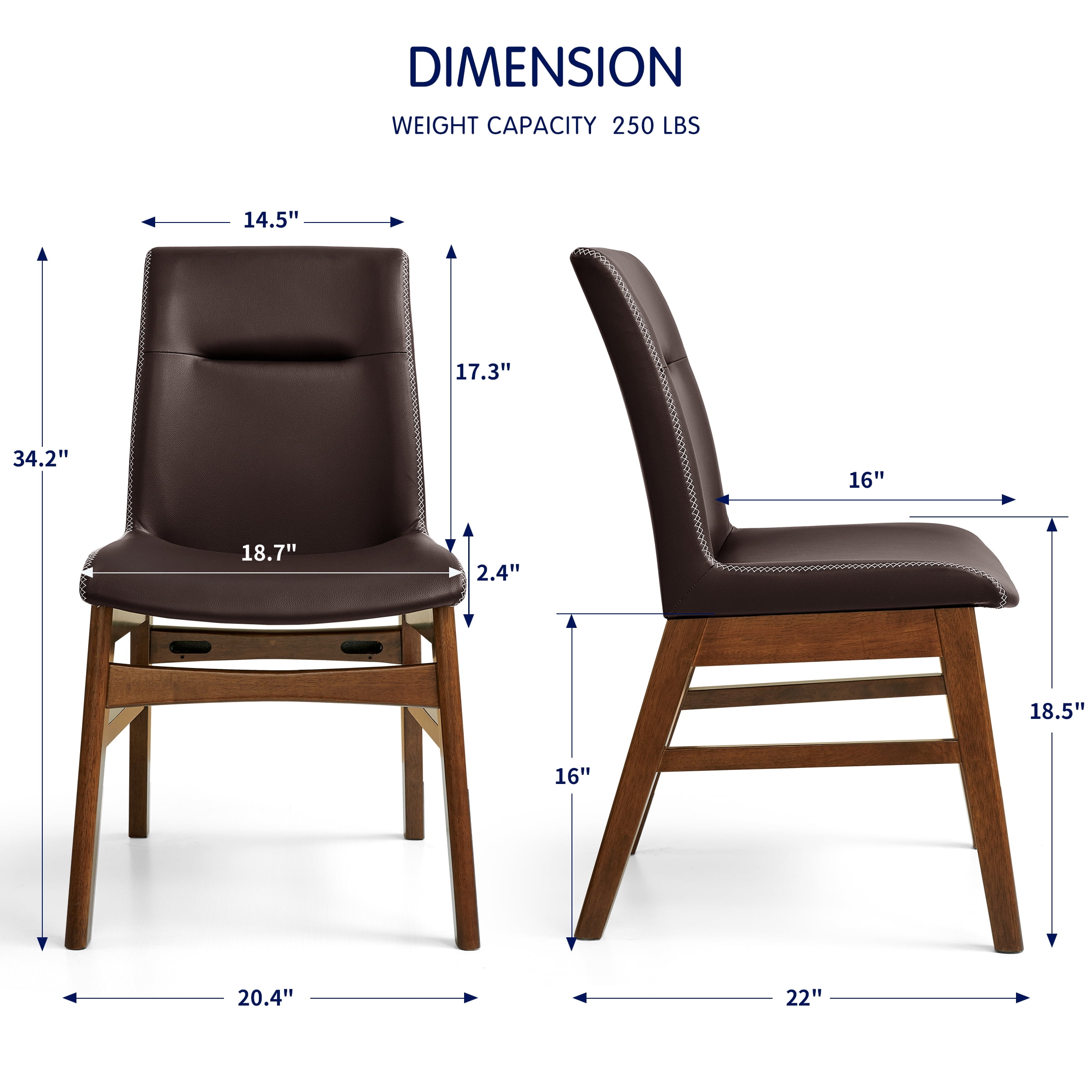 Leather Dining Chairs Set of 2, Embroidered Leather Upholstered Dining Chairs for Kitchen, Dining Room, Brown