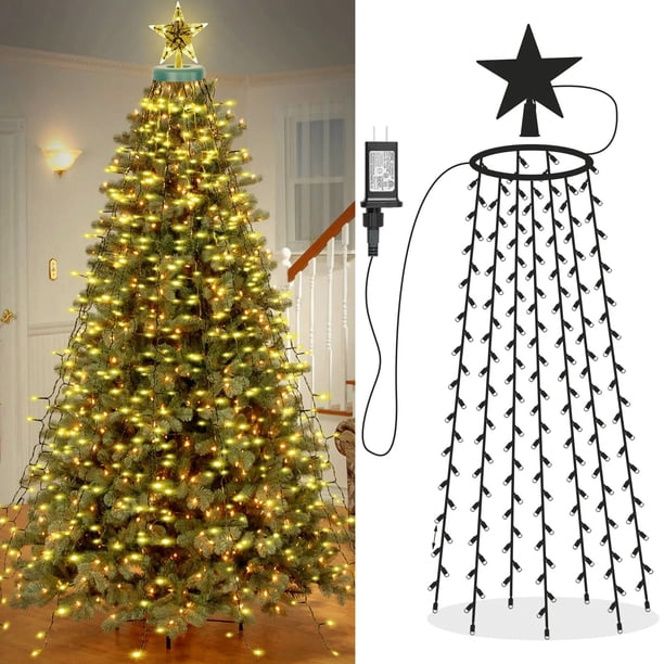Luces LED con temporizador para árbol de Navidad, 8 modos, cascada, estrella, adorno, memoria, centelleante, jardín, vacaciones, iluminación, decoraciones navideñas