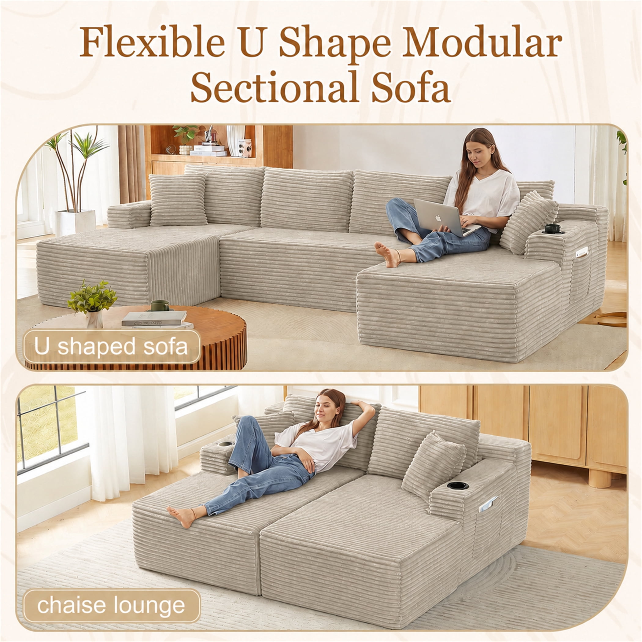 Aukfa 133" Cloud Sectional Sofa Oversized Boneless Couch Modular U-Shaped Couch, Double Chaise Corduroy Sofa for Living Room, Camel