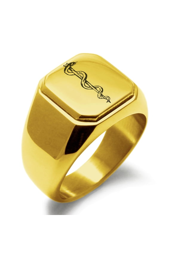Stainless Steel Rod of Asclepius Engraved Square Flat Top Biker Style Polished Signet Ring