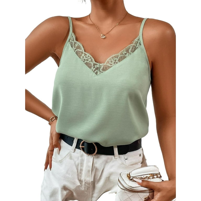 Mint Green Elegant Plain Contrast Lace Cami Women's Tank Tops Camis 