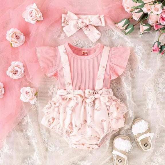 Lilgiuy Newborn Baby Girl Clothes Stripe Romper Sleeveless Dress Cute Lace Ruffles Bodysuit Toddler Baby Girl Summer Outfits Holiday Gifts (Pink,9-12 months)