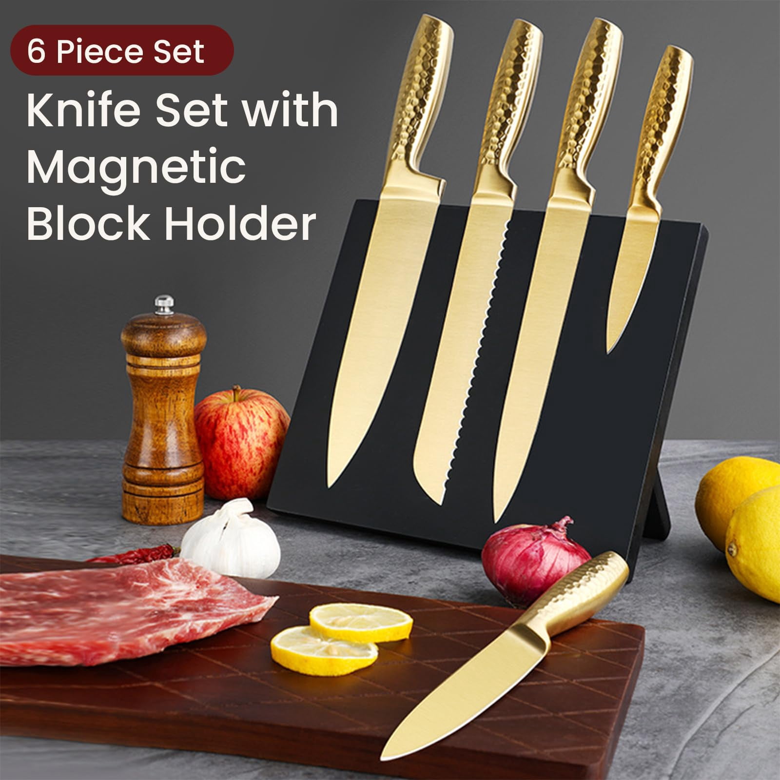 Professional Kitchen Knife Set 6 Piece, High Carbon Stainless Steel Sharp Knives with Ergonomic Hammer Handle, Wooden Magnetic Knife Block Holder, Gold
