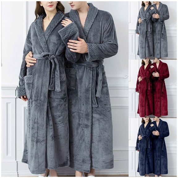 Matching Couples Pajamas Unisex Lightweight Lovers Robes Soft Warm Waffle Knit Solid Color Bathrobe Sleepwear 3/4 Sleeve Loungewear with Pockets 2 Piece Grey L